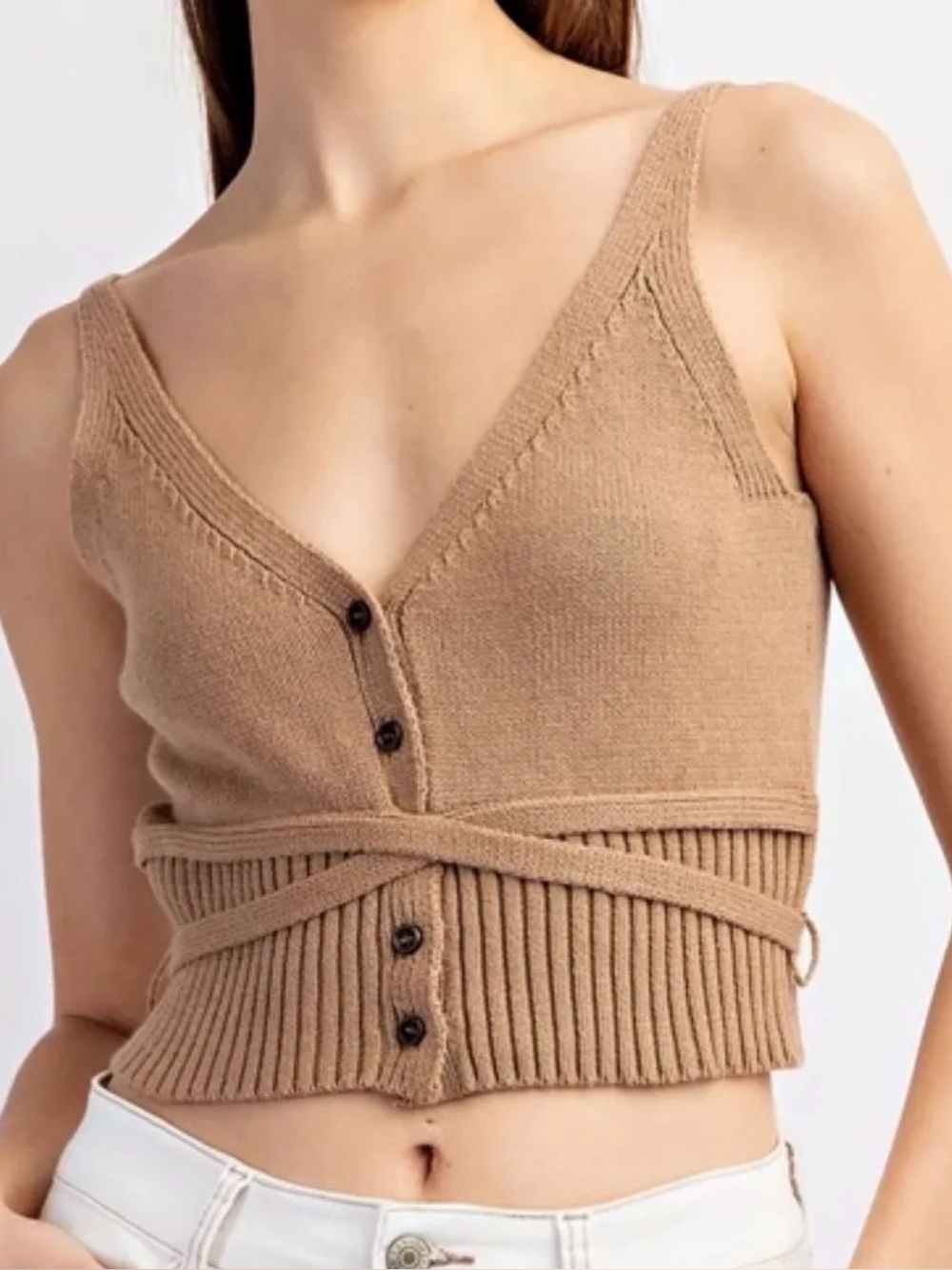 Light Brown Knit Wrap-Front Crop Top